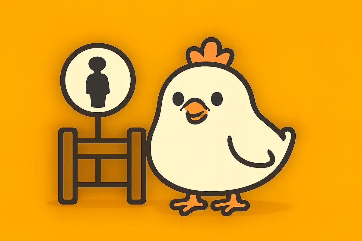 Illustration: Das Huhn an einem Tor mit Erwachsenen-Symbol
