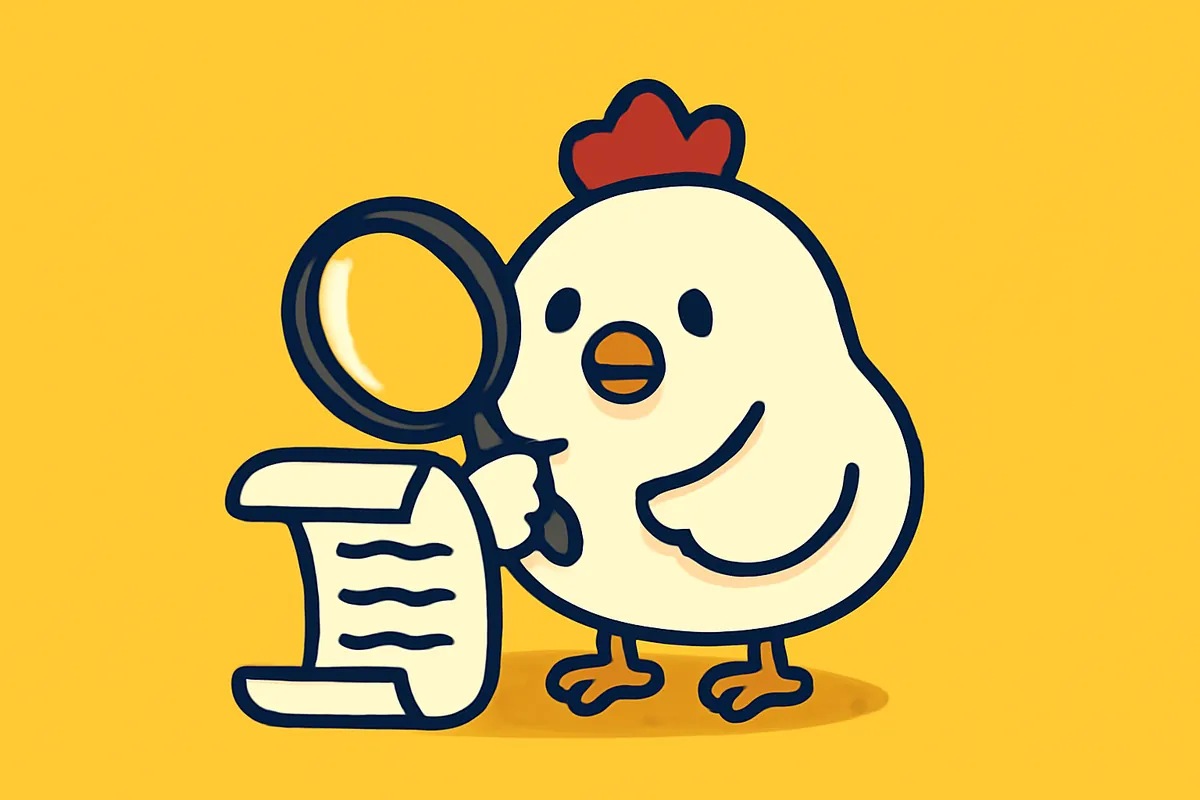 Illustration: Das Huhn liest das Kleingedruckte mit einer Lupe