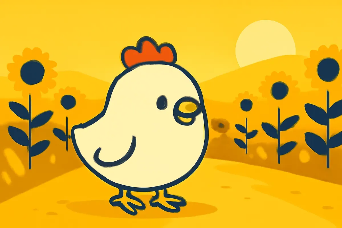 Illustration: Das Chicken-Road-Huhn unterwegs auf einer Landstraße